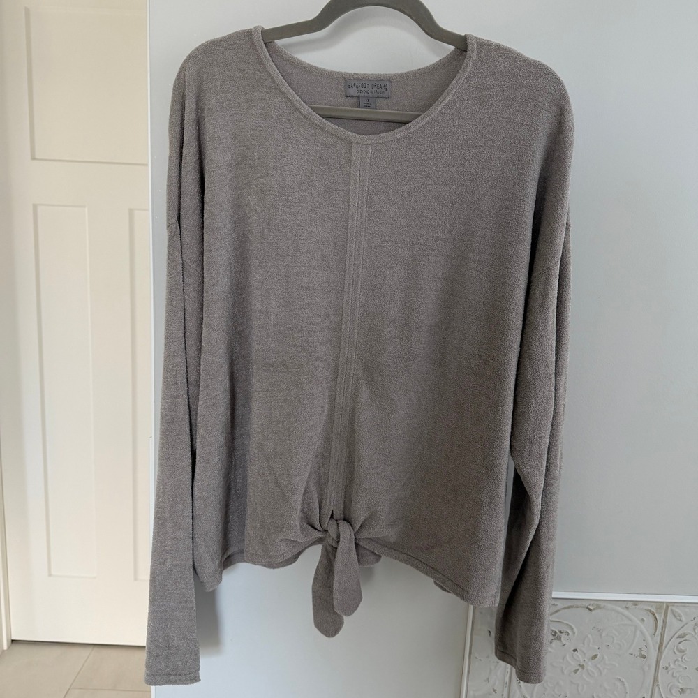 Barefoot Dreams CozyChic Ultra Lite Tie Front Sweater 1X Taupe Long Sleeve -Soft